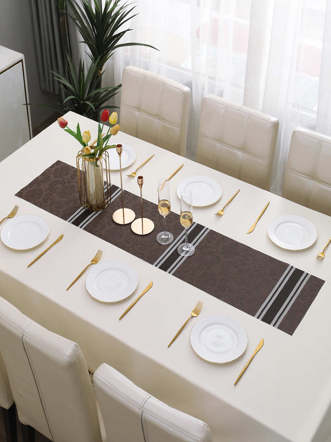 HOKIPO Brown Floral Design Rectangular Table Runner