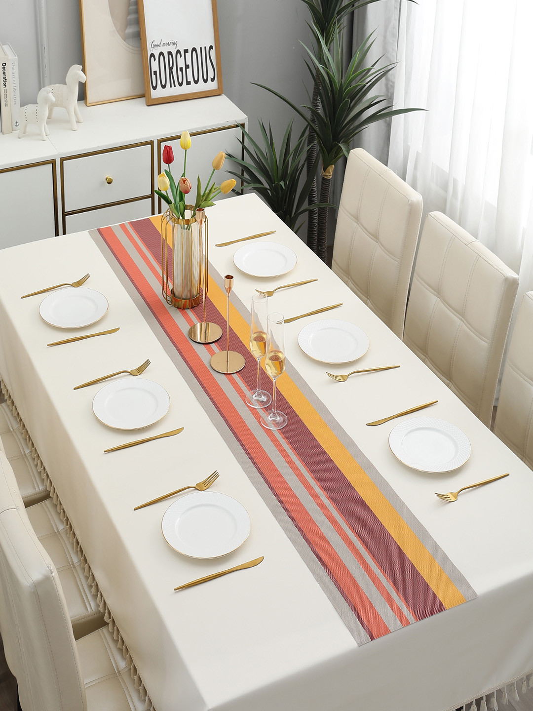 HOKIPO Red & Yellow Striped Rectangular Table Runner