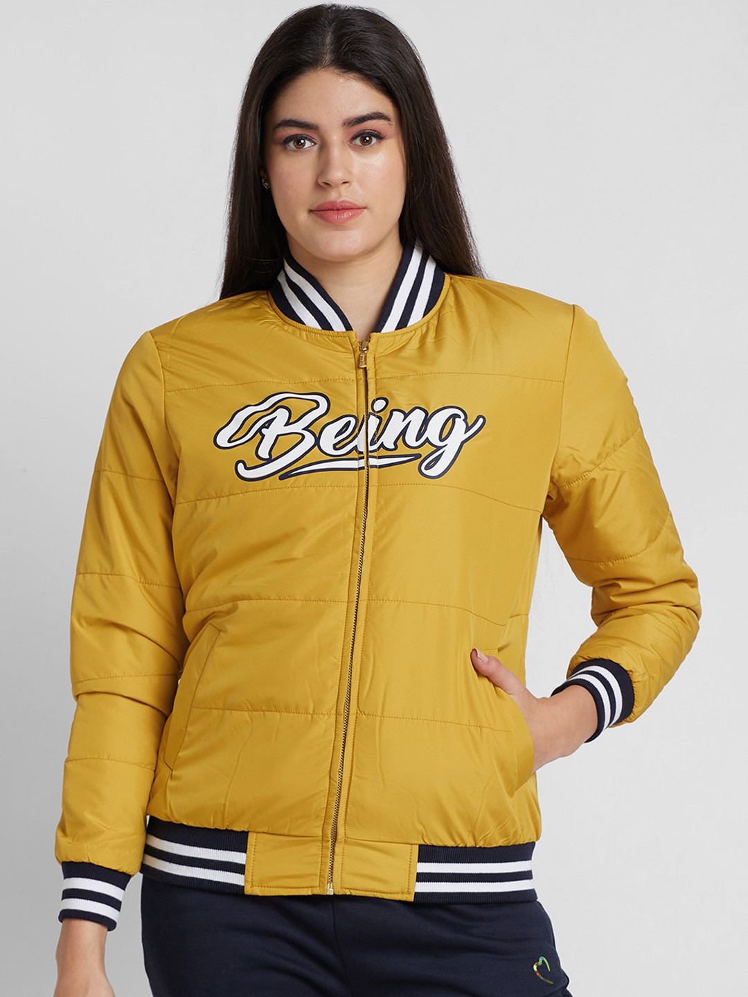Being Human Women Yellow Bomber with Patchwork Jacket