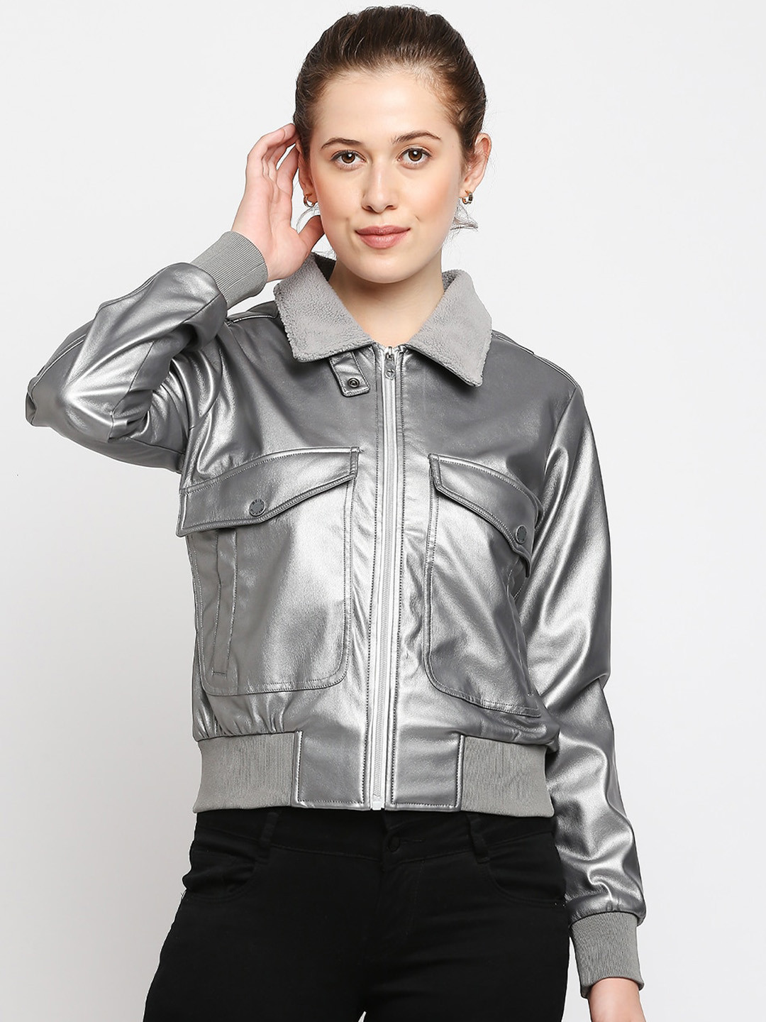 Being Human Women Silver-Toned Colourblocked Crop Biker Jacket with Patchwork