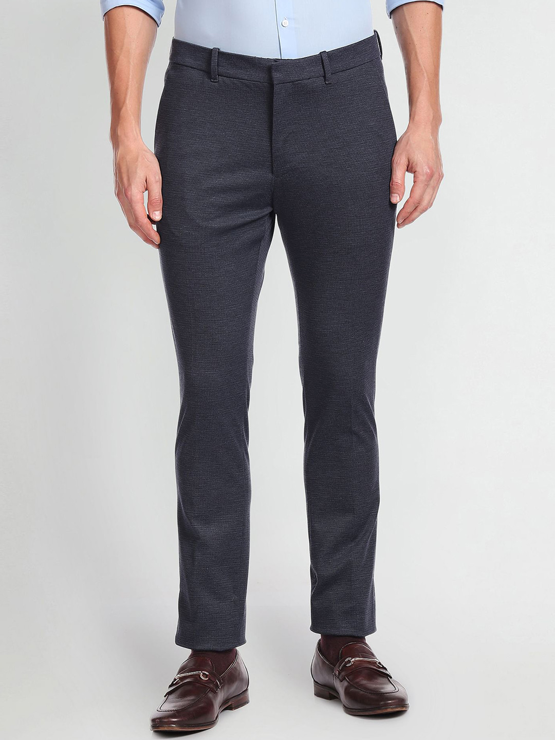 Arrow Men Mid-Rise Slim Fit Textured Micro Check Super Slim Fit Trousers