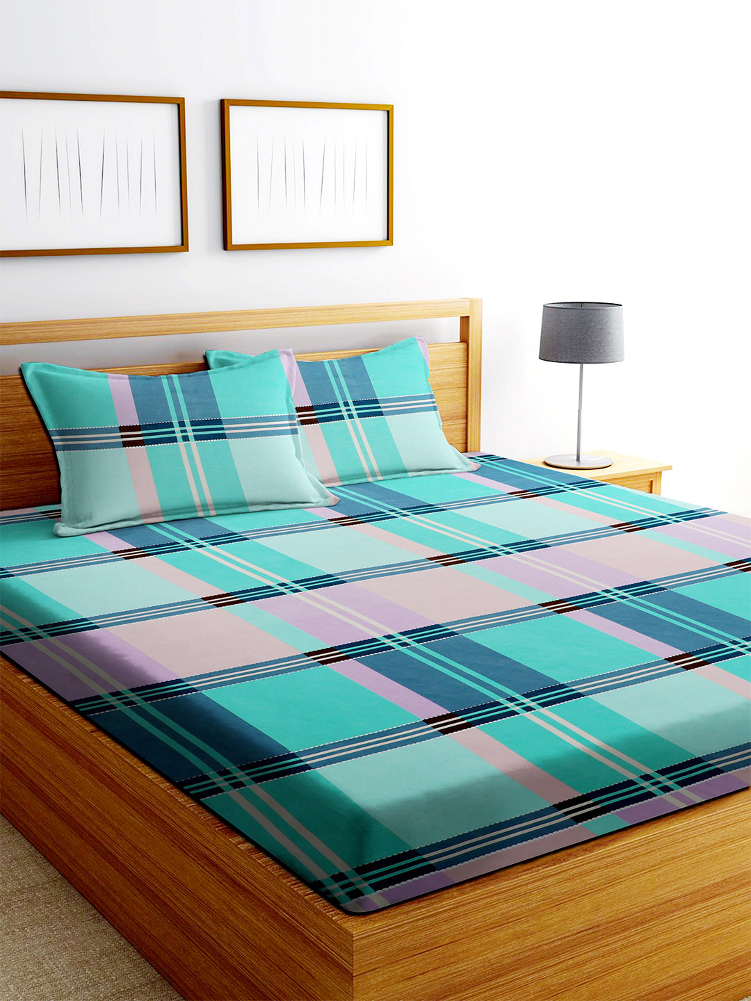 MODEFE Turquoise Blue Checked Microfiber 180 TC Queen Fine Bedsheet with 2 Pillow Covers-89 x 98 inches