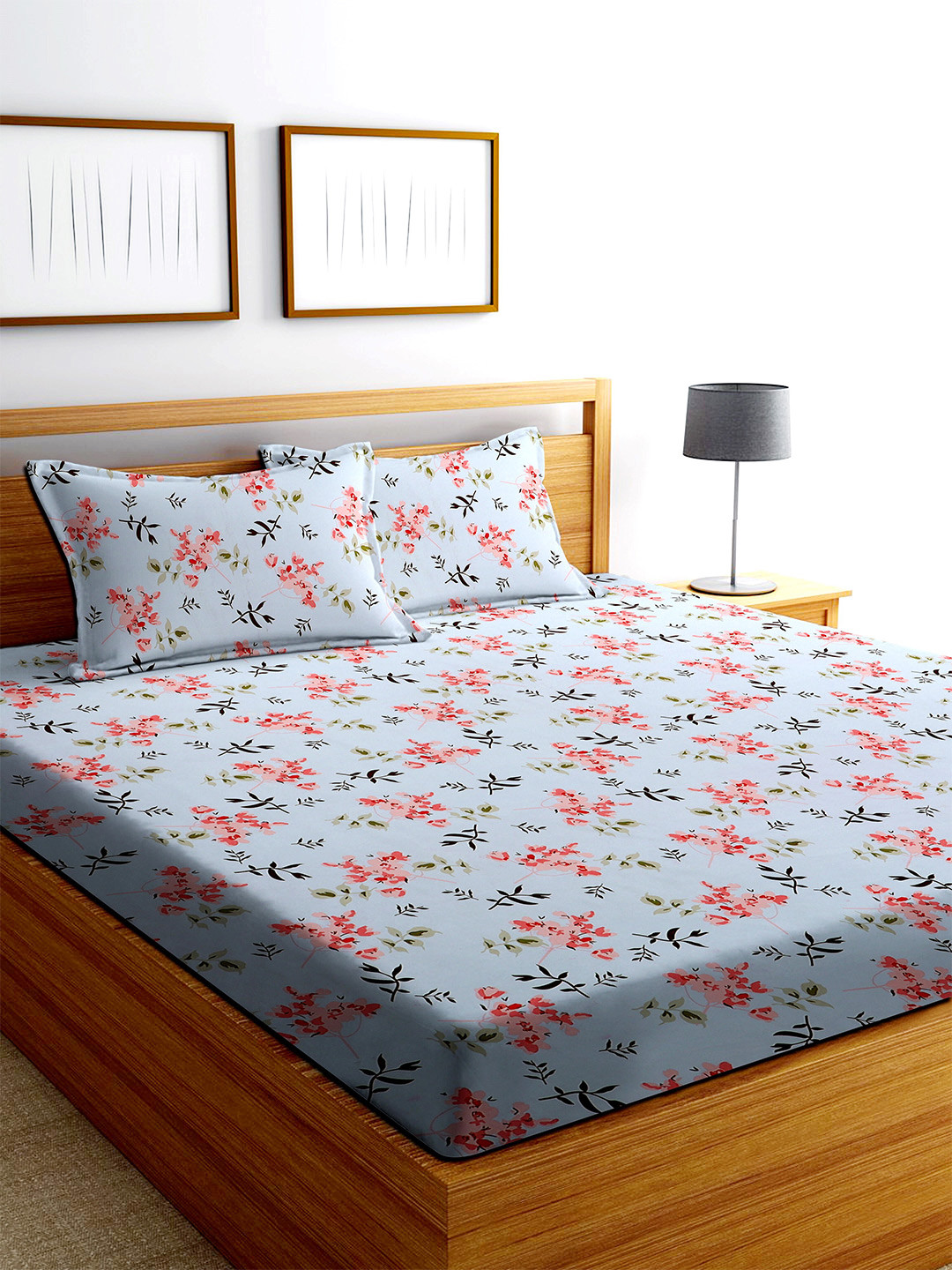 MODEFE Blue Floral Microfiber 180 TC Queen Fine Bedsheet with 2 Pillow Covers-89 x 98 inches