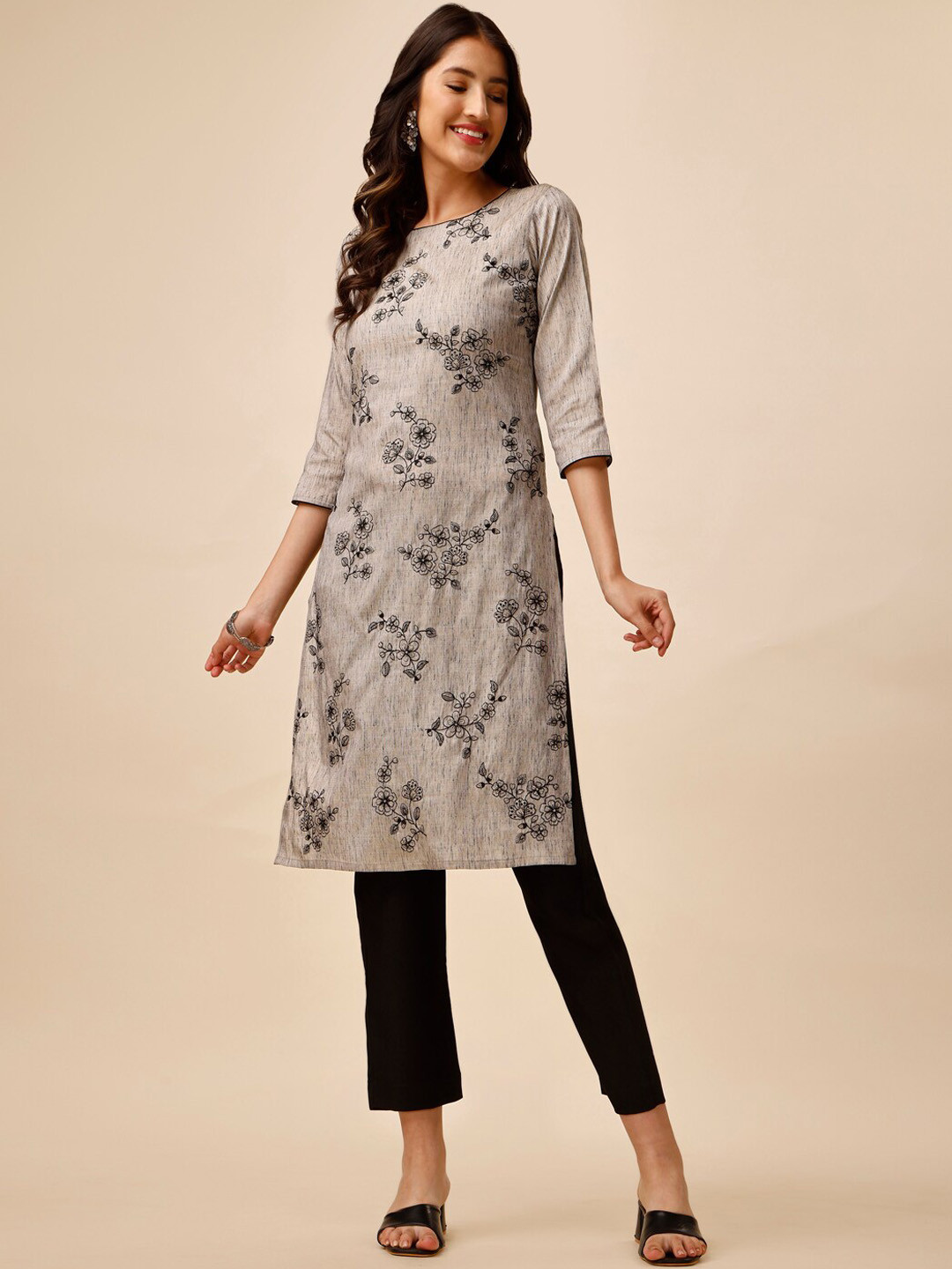 Inddus Grey & Black Floral Embroidered Thread Work Kurta with Trousers