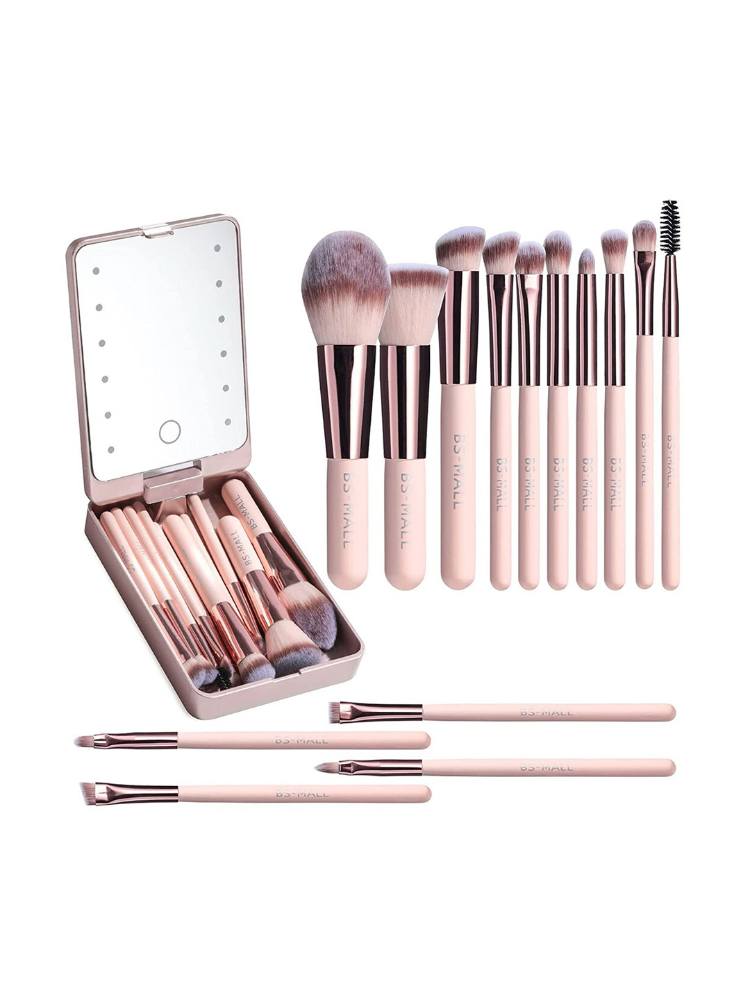 BS-MALL Set Of 14 Makeup Brushes With Portable LED Light Mirror - Pink
