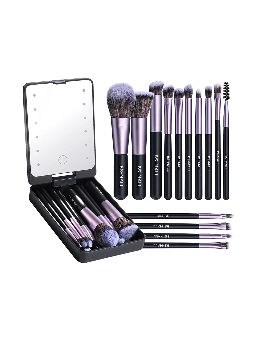 BS-MALL 1Set Of 14 Makeup Brushes With Portable LED Light Mirror - Black