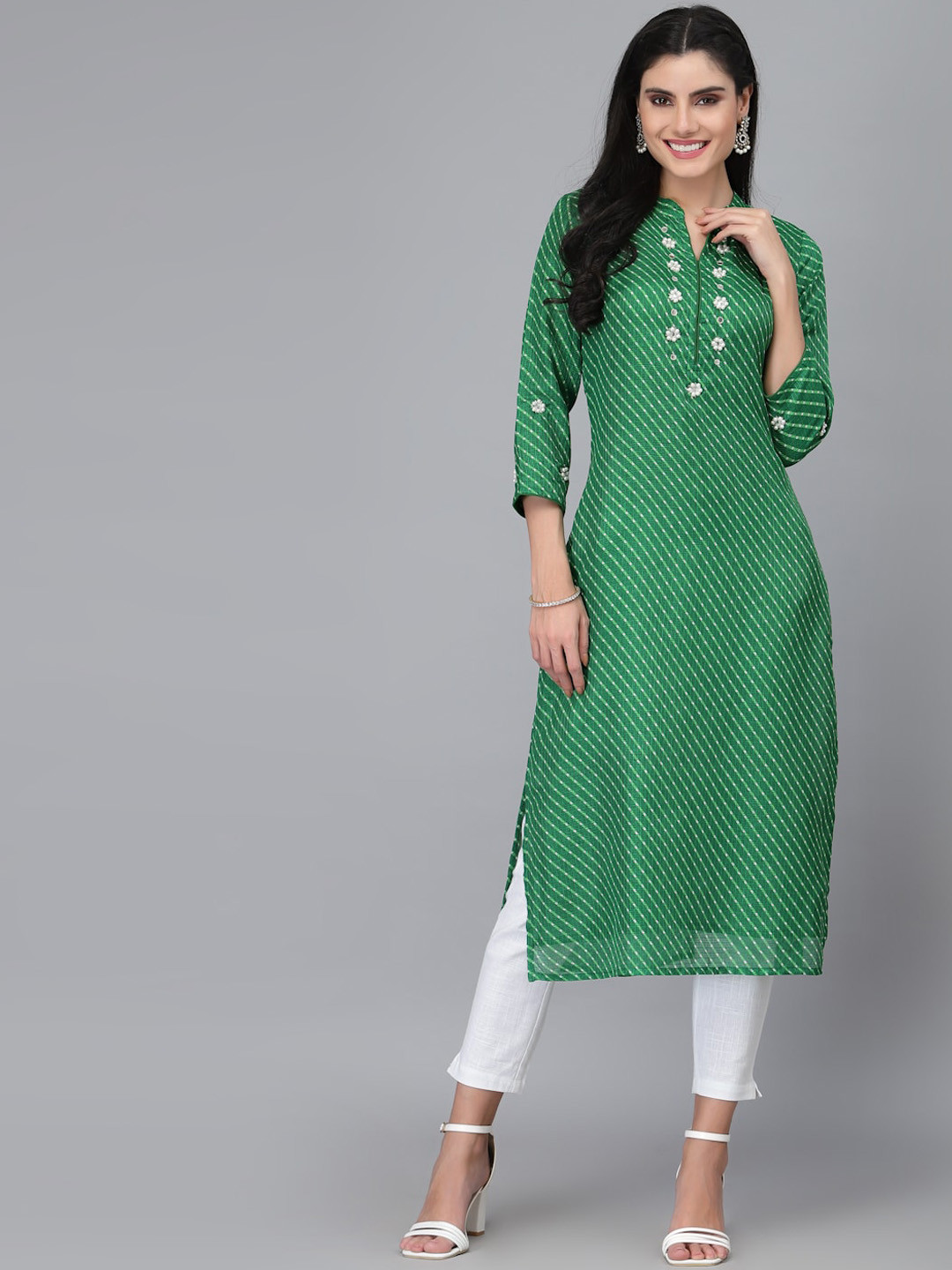 Ragavi Striped Mandarin Collar Beads & Stones Cotton Kurta