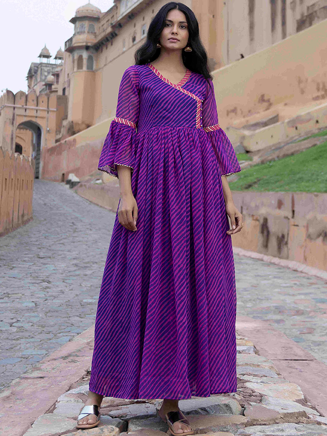 Ragavi V-Neck Flared Sleeves A-Line Ethnic Dress