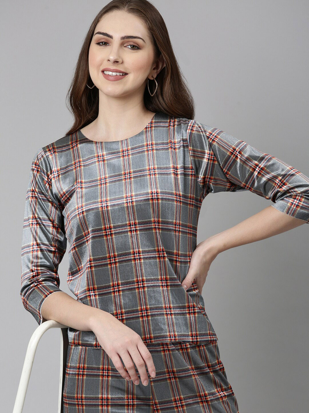 SHOWOFF Checked Round Neck Top With Palazzos
