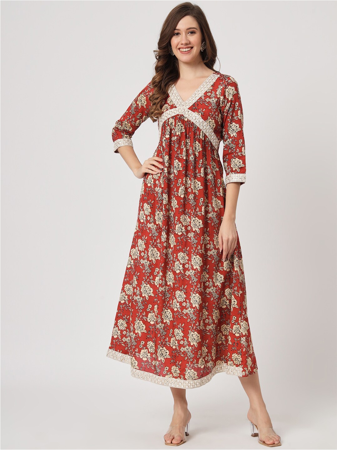 Buy AMIRAS INDIAN ETHNIC WEAR Floral Printed V Neck Empire Midi Ethnic Dress Ethnic Dresses for Women 23464440 Myntra