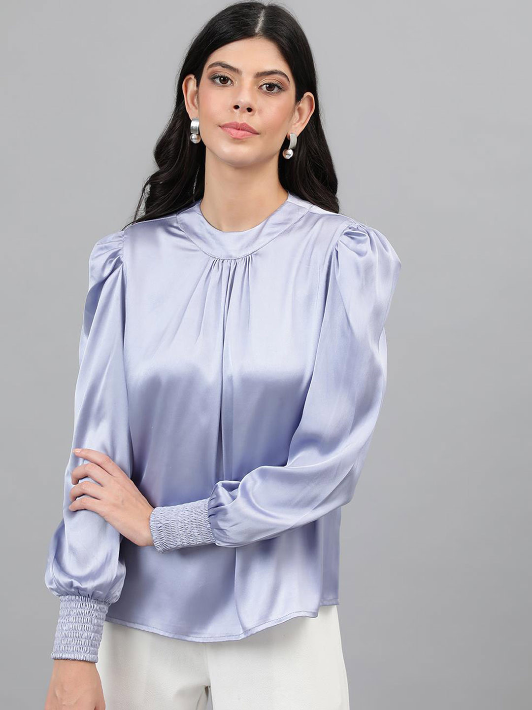 Kotty Purple Puff Sleeves Satin Top