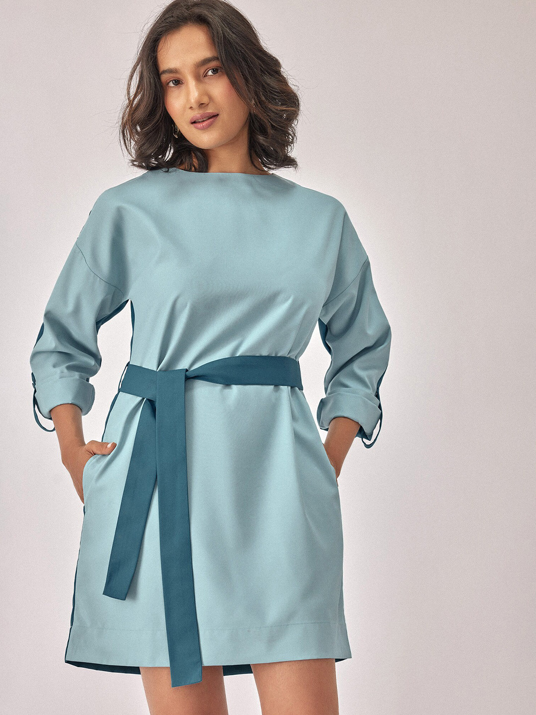The Label Life Roll-Up Sleeves Belted A-Line Mini Dress