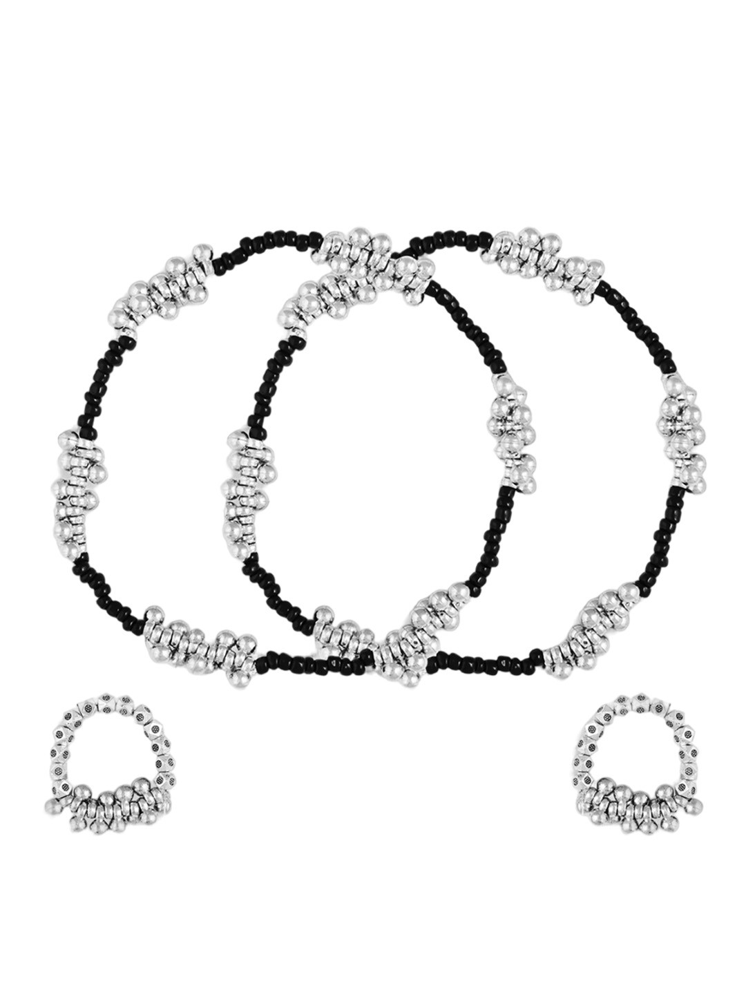 ABDESIGNS Silver-Plated Oxidised Gungru Anklet & Toe Ring