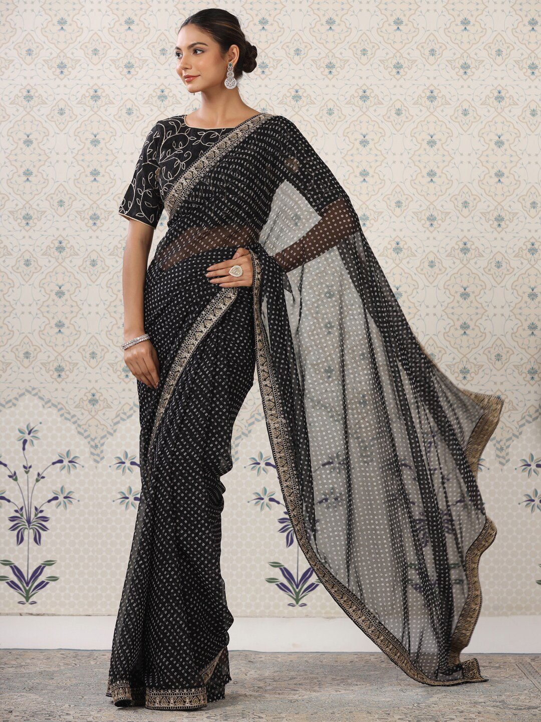 Ode by House of Pataudi Black & White Embroidered Pure Georgette Bandhani Saree