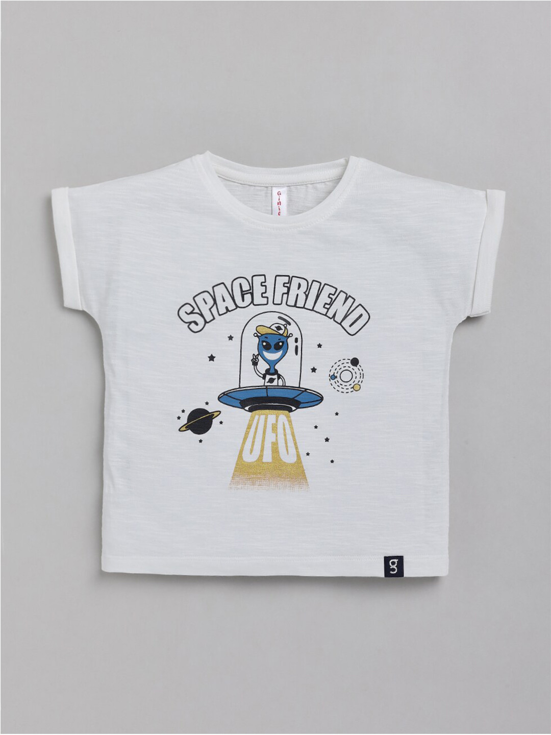 Ginie Girls White Printed V-Neck Applique T-shirt