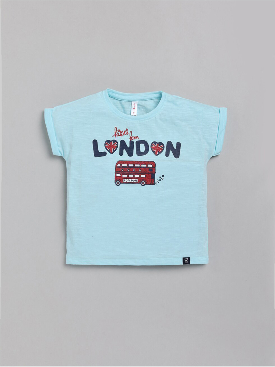 Ginie Girls Blue Typography Printed V-Neck Applique T-shirt