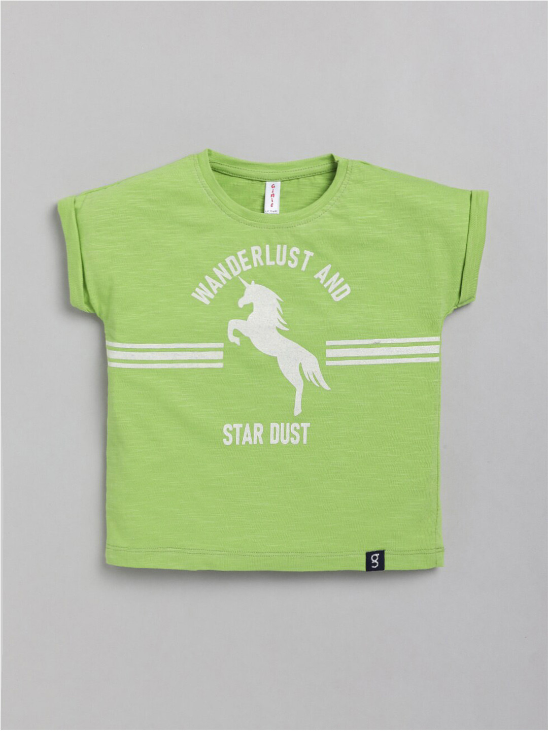 Ginie Girls Green Printed Applique T-shirt