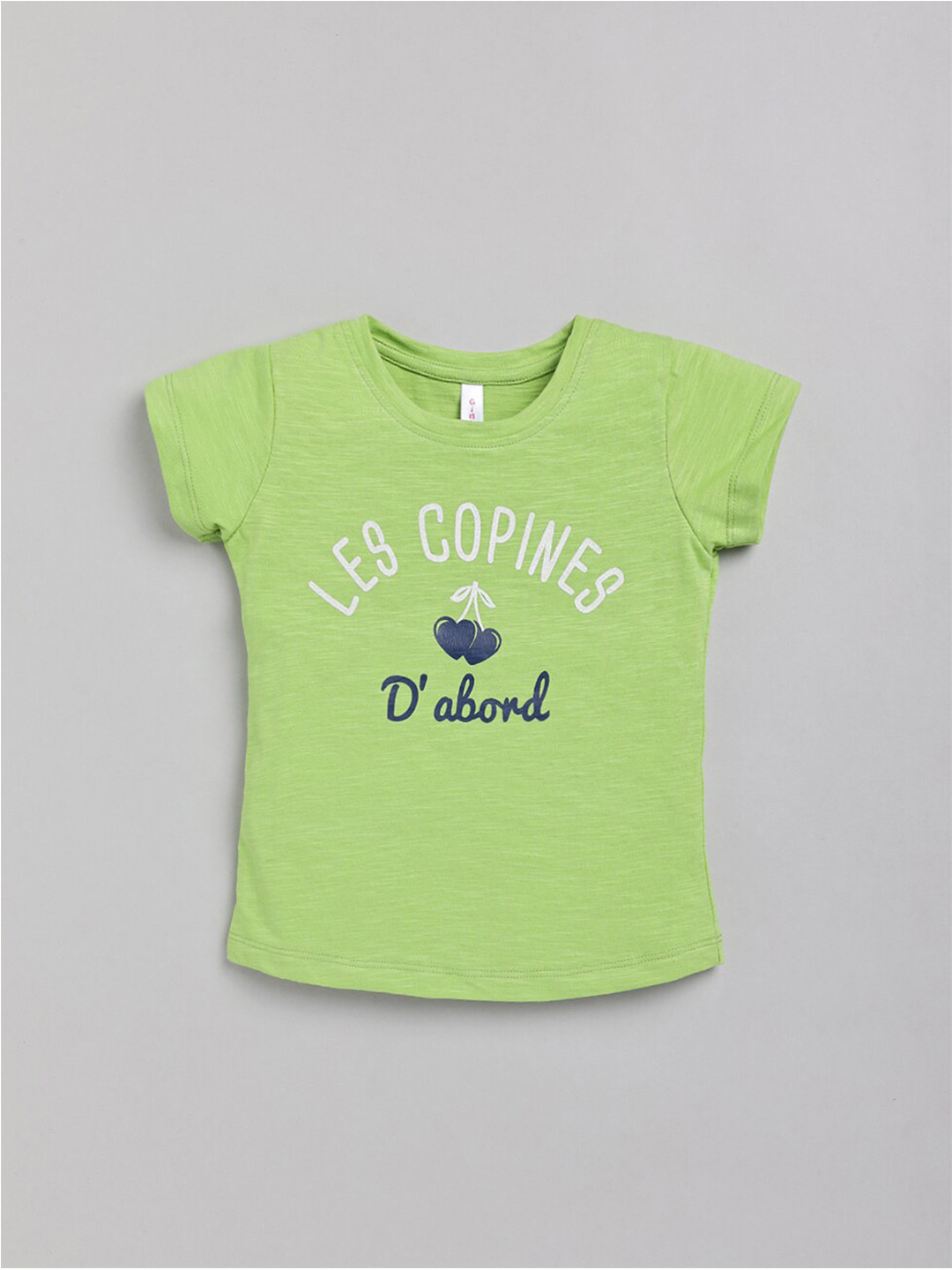 Ginie Girls Green Typography Printed Applique T-shirt