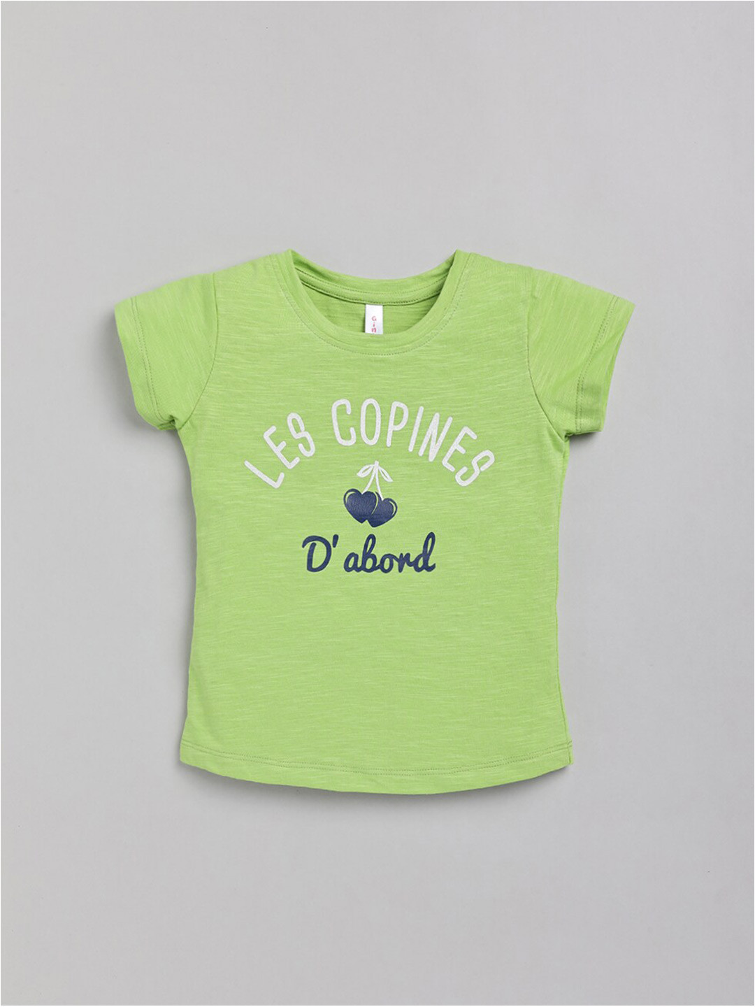 Ginie Girls Green Typography Printed Applique T-shirt
