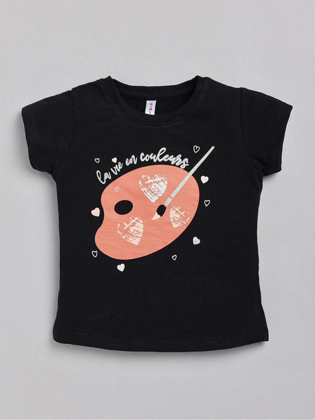 Ginie Girls Black Printed Applique T-shirt