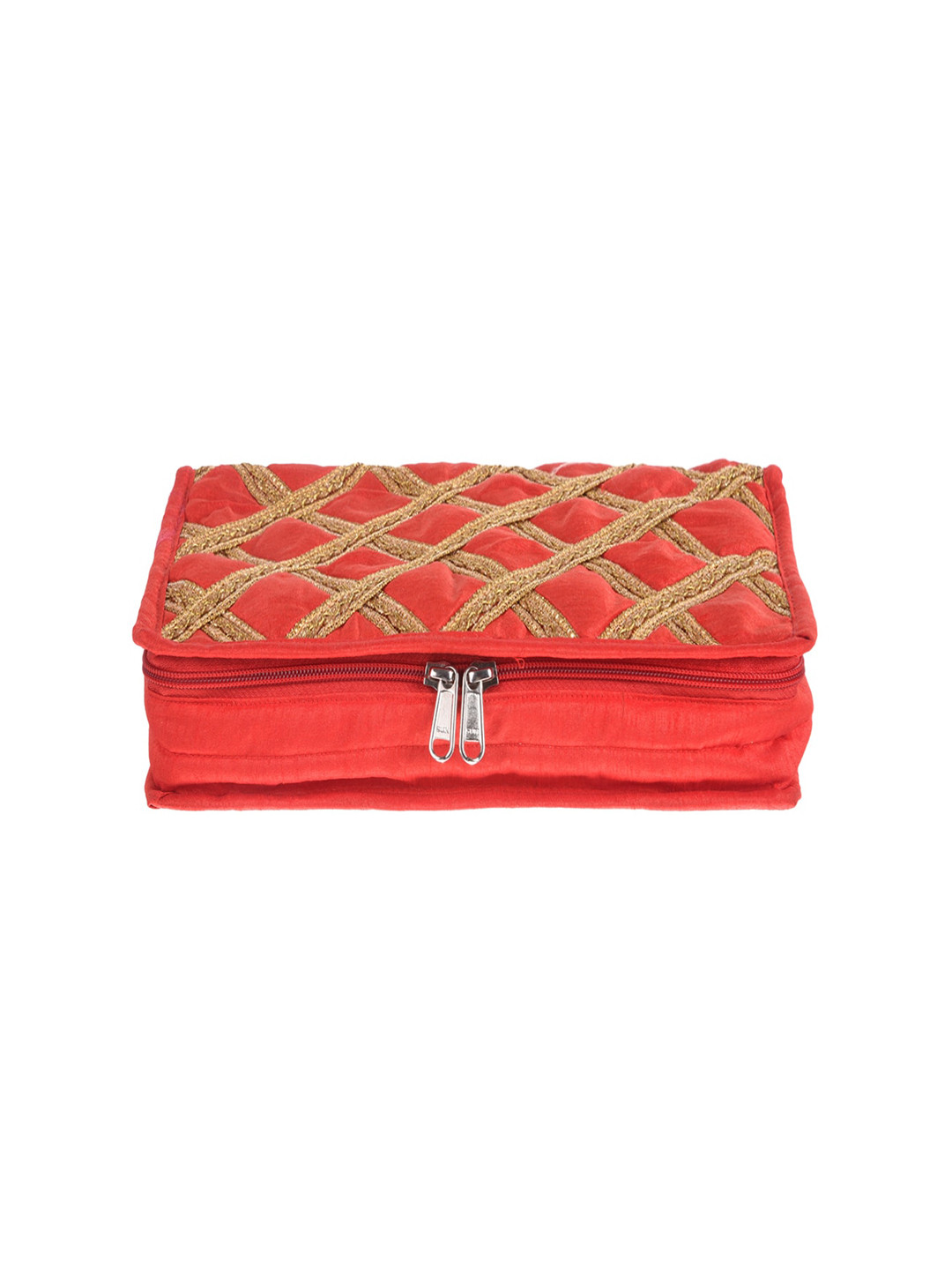 Kuber Industries Red Gota Lace Checked Jewellery Organiser