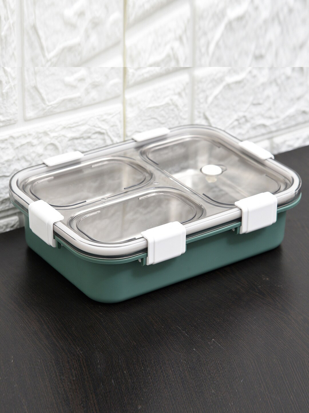 Kuber Industries Green 3 Compartments Leak-Proof Lid Lunch Box