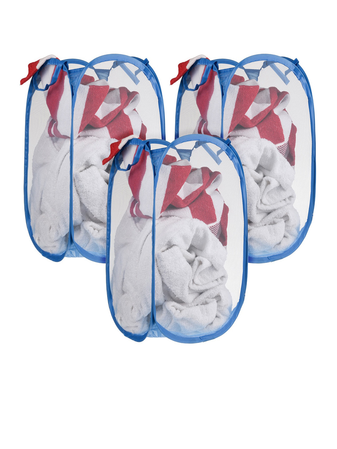 Kuber Industries Blue 3 Pieces Textured Foldable Laundry Bags