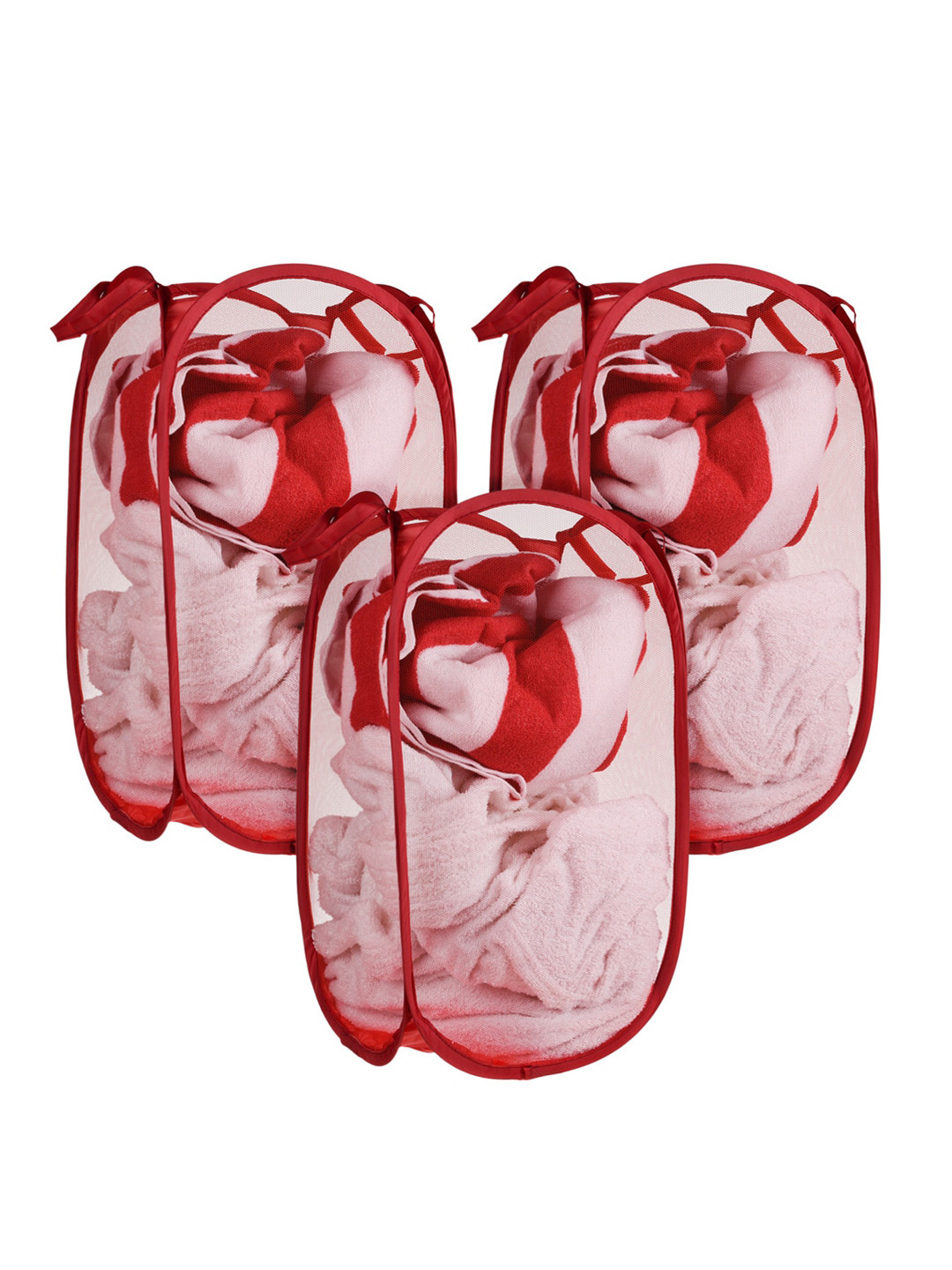 Kuber Industries Red 3 Pieces Textured Foldable Laundry Bags