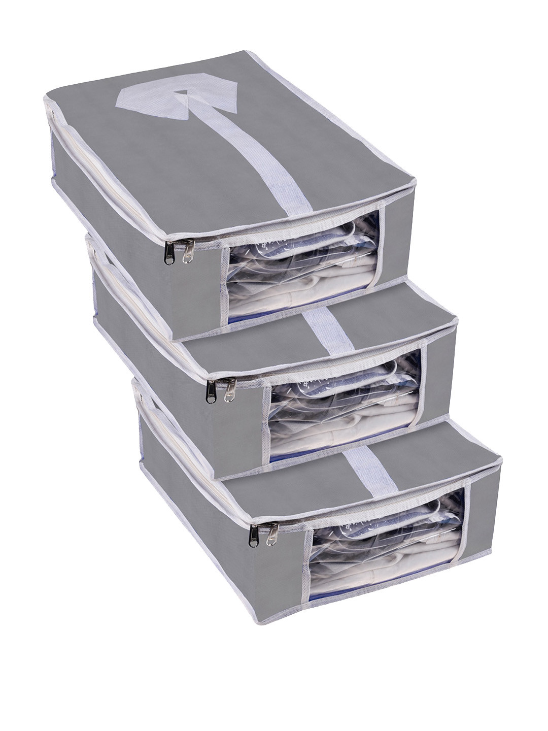 Kuber Industries Grey & White 3 Pieces Printed Shirt Cover With Transparent Window