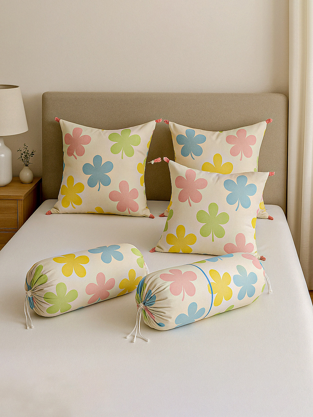 Kuber Industries Cream-Coloured & Green 5 Pieces Floral Cotton Square Bolster Covers