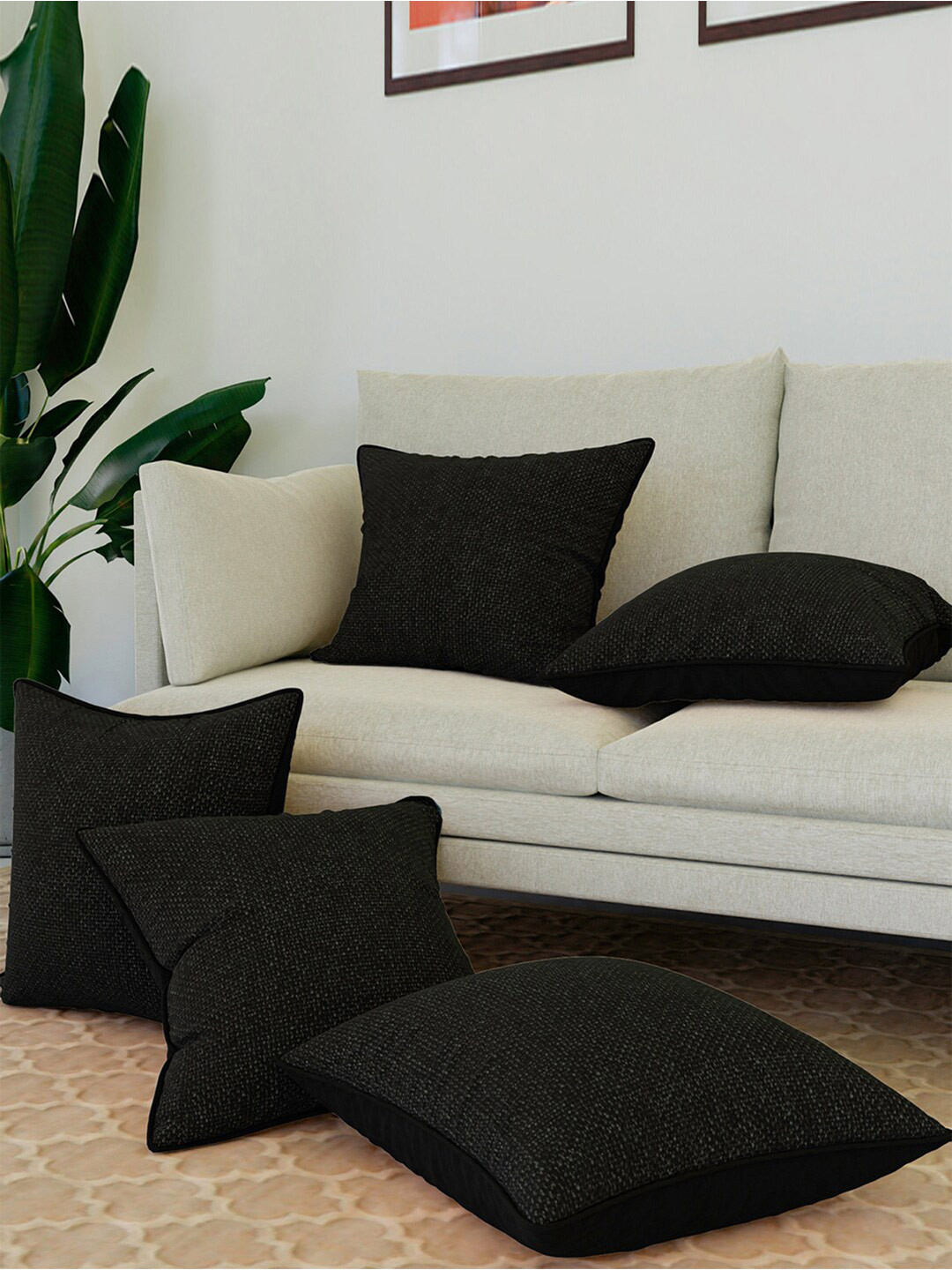 Kuber Industries Black Jute Breathable 5 Piece Square Cushion Covers - 16 x 16 Inches