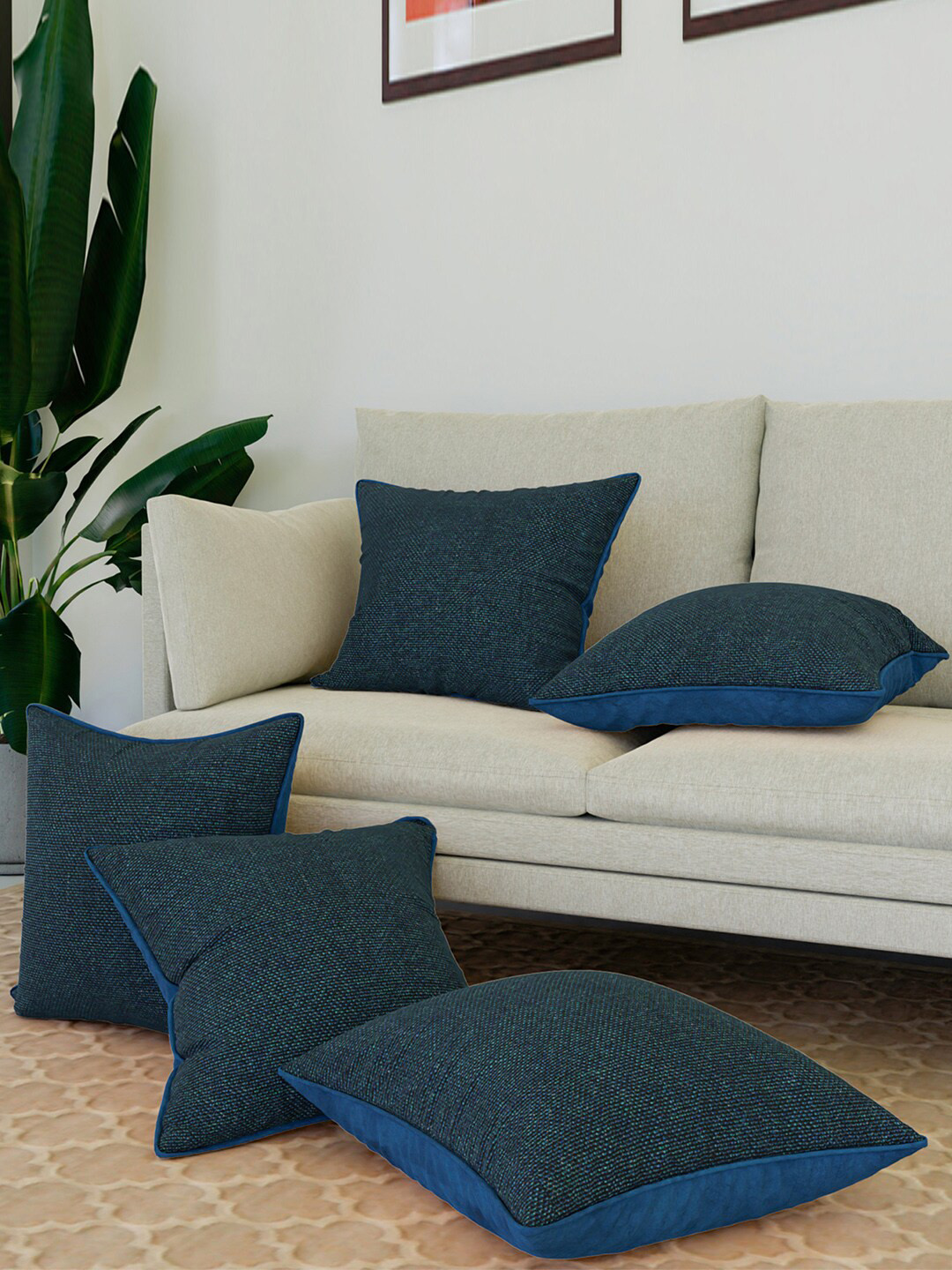 Kuber Industries Blue Jute Breathable 5 Pcs Textured Cushion Covers - 16 x 16 Inches