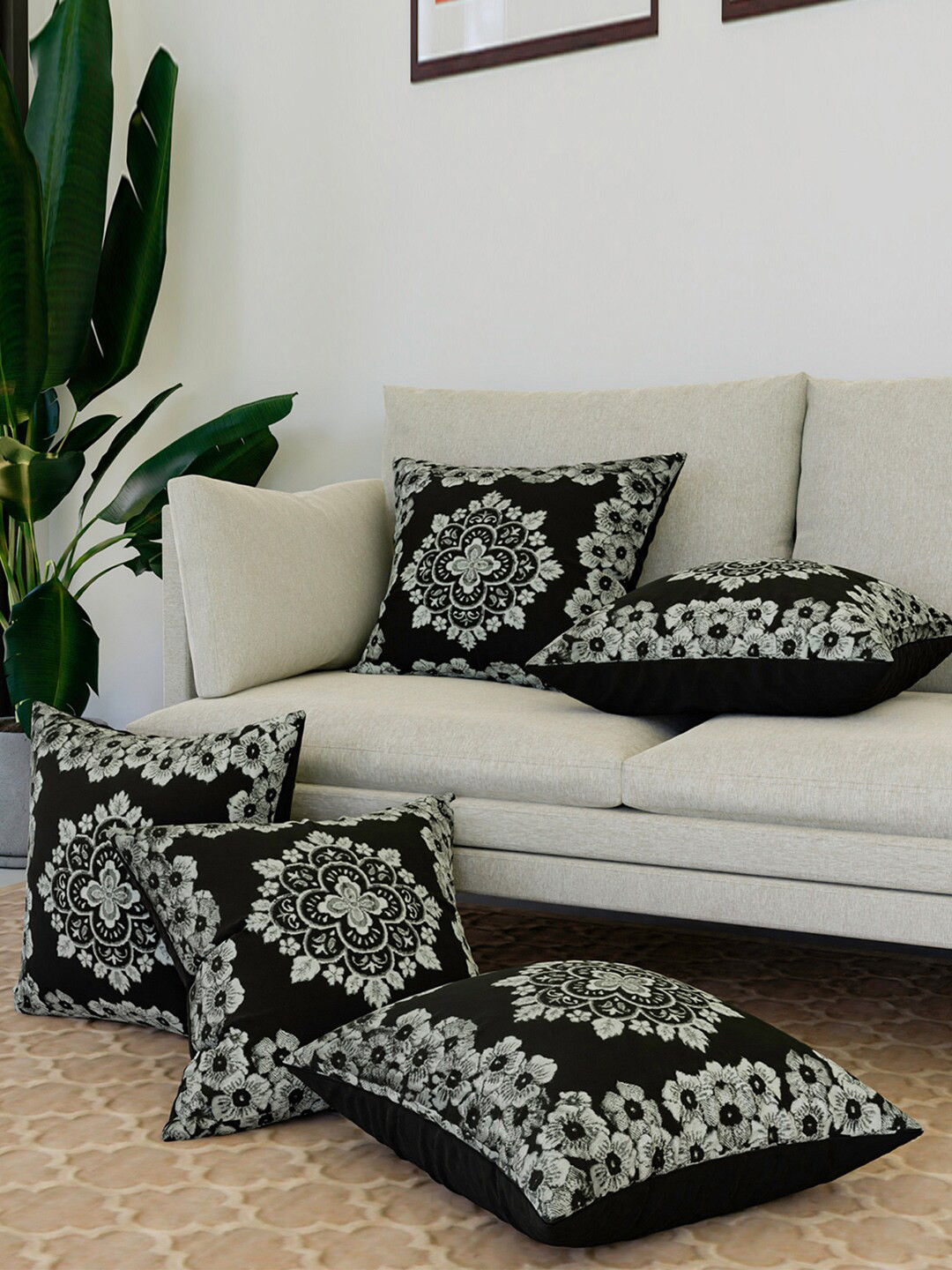 Kuber Industries Embossed Black & White 5 Pieces Floral Cotton Square Cushion Covers