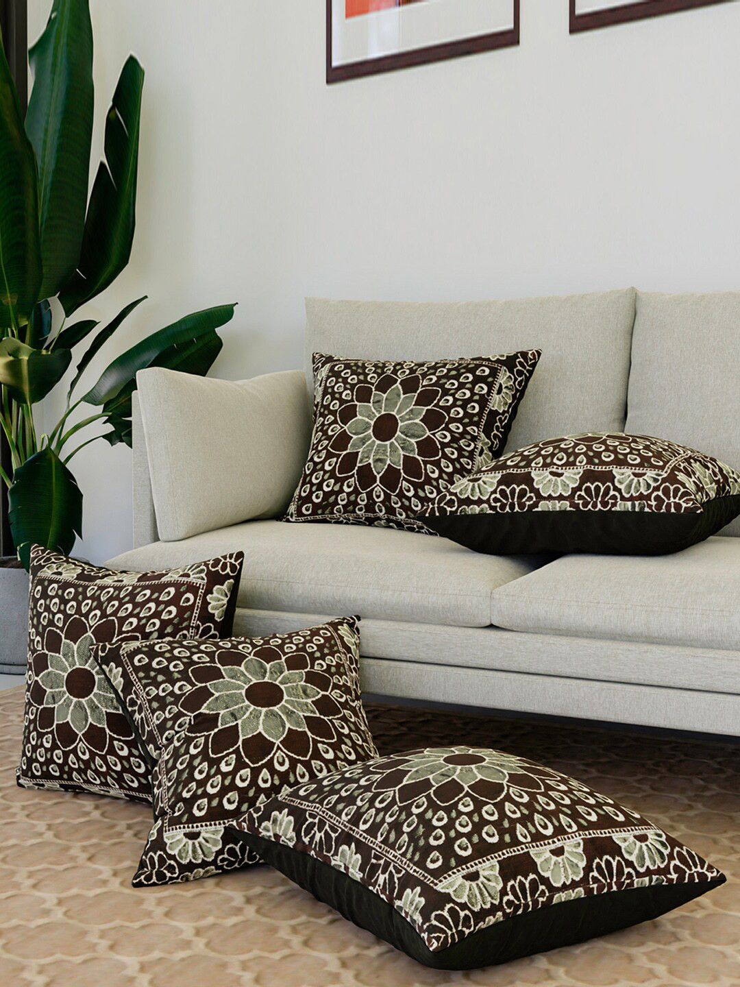 Kuber Industries Embossed Brown & Grey 5 Pieces Ethnic Motifs Velvet Square Cushion Covers