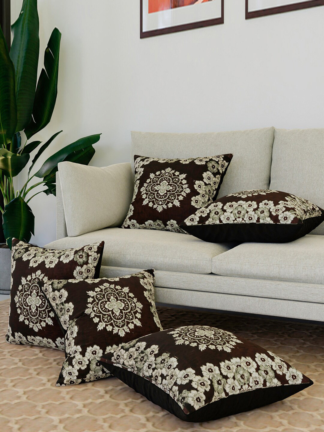 Kuber Industries Embossed Brown & White 5 Pieces Cotton Floral Square Cushion Covers