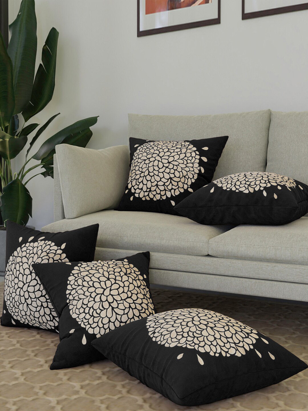 Kuber Industries Black Floral Velvet Durable 5 Pcs Textured Square Cushion Covers -16x16In