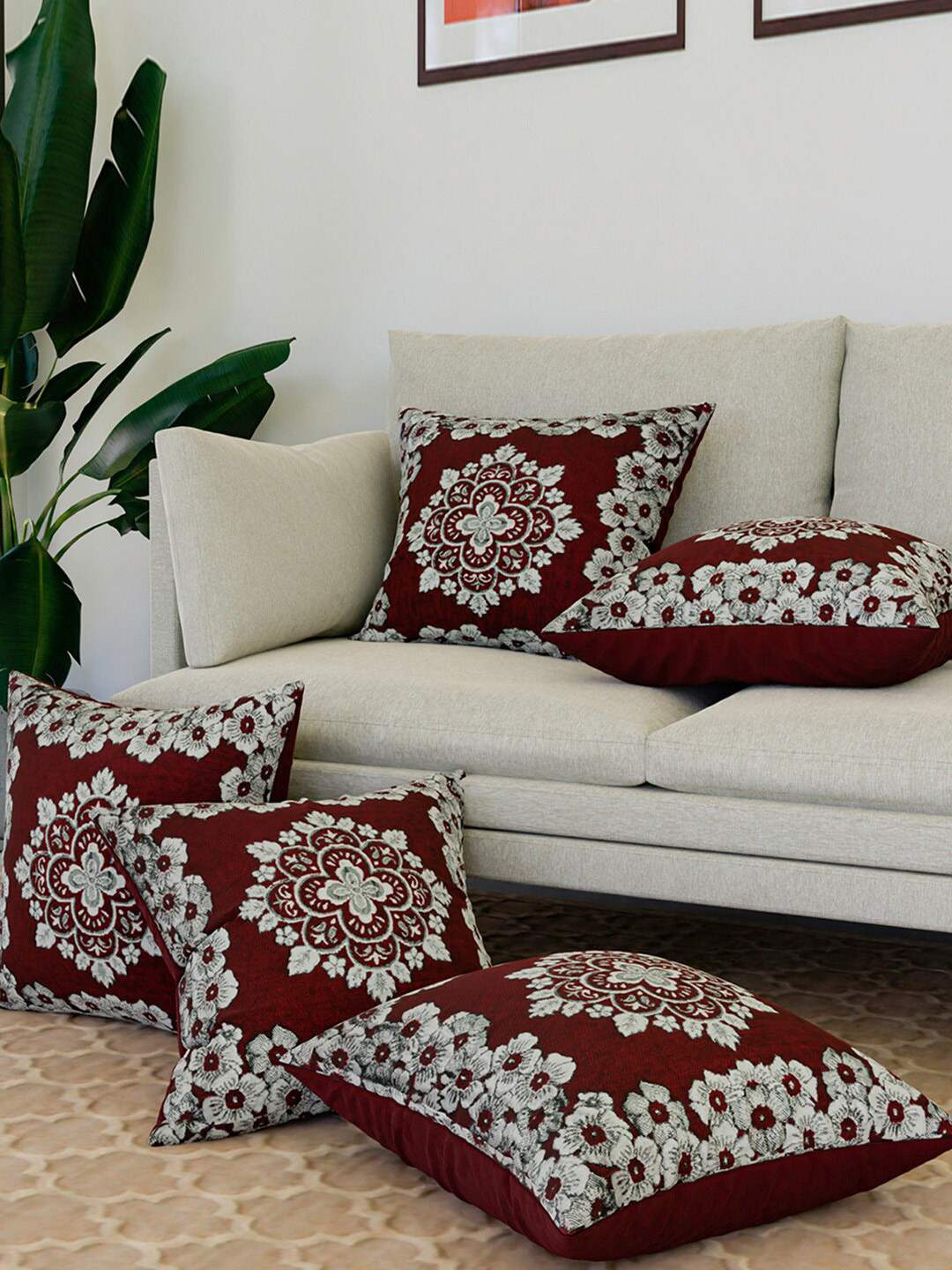 Kuber Industries Maroon & Off White 5 Pieces Floral Velvet Square Cushion Covers