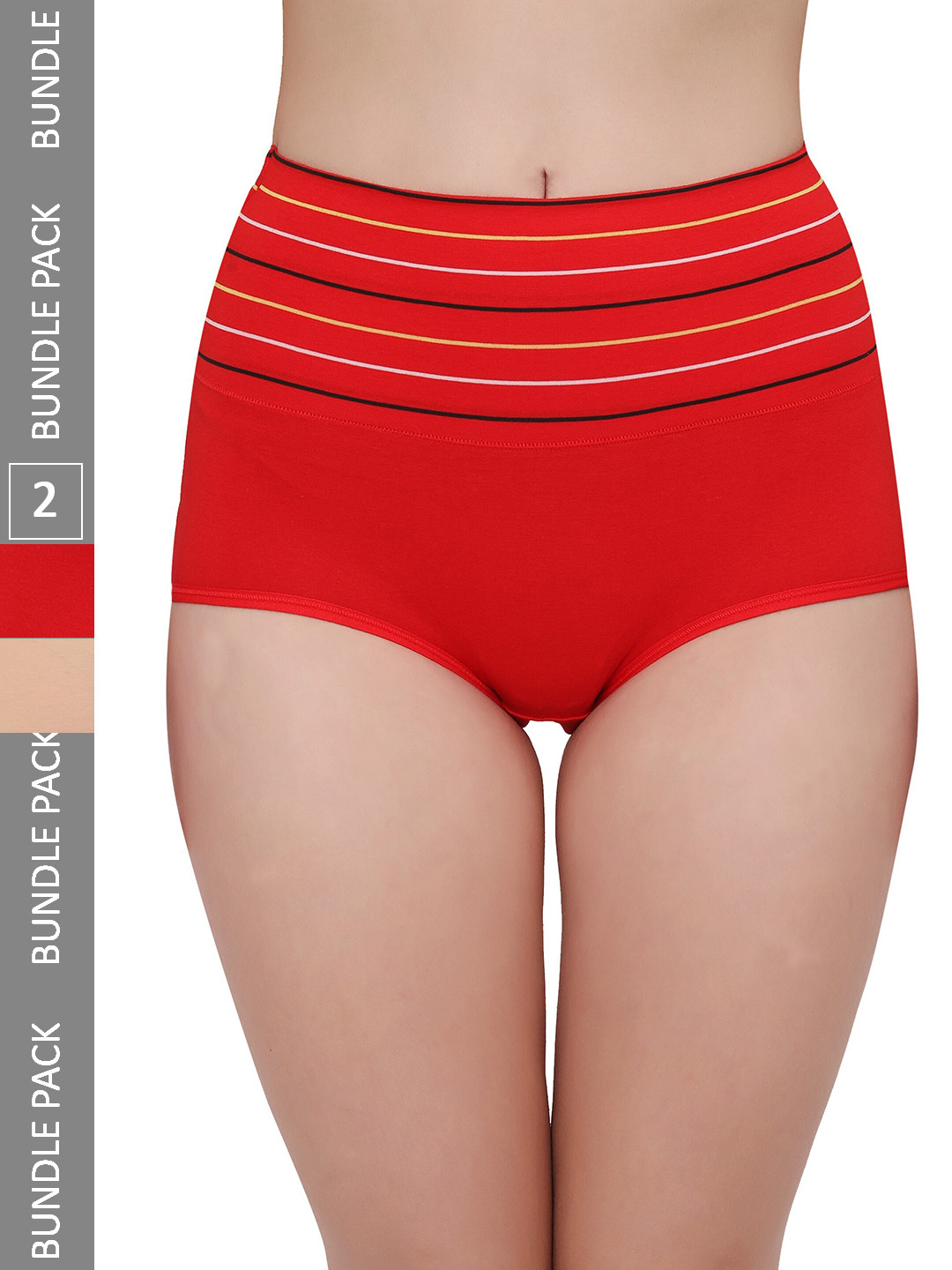 PLUMBURY Women Pack Of 2 Striped Cotton High-Waist Hipster Briefs PLPANTY11207622RED/BGM