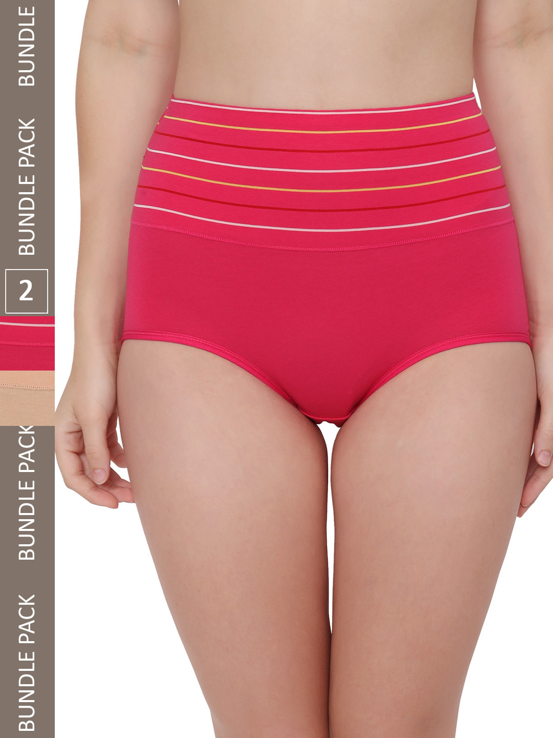 PLUMBURY Women Pack Of 2 Striped Cotton High-Waist Hipster Briefs PLPANTY11207622PINK/BGM