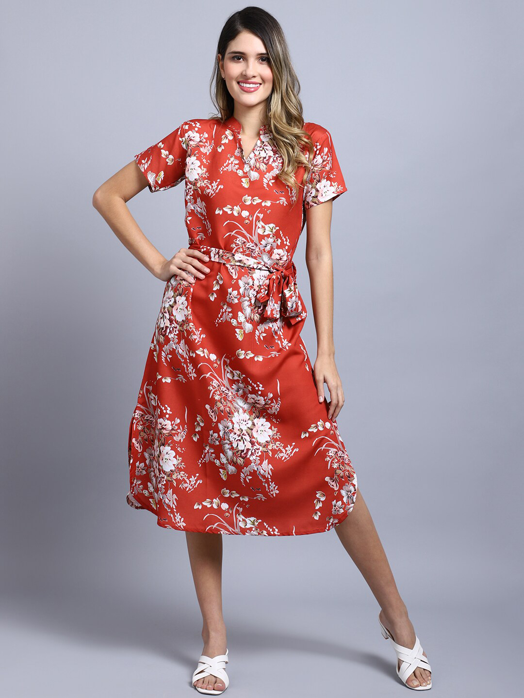 Sugathari Floral Printed Mandarin Collar Neck Tie Up A Line Midi Dress