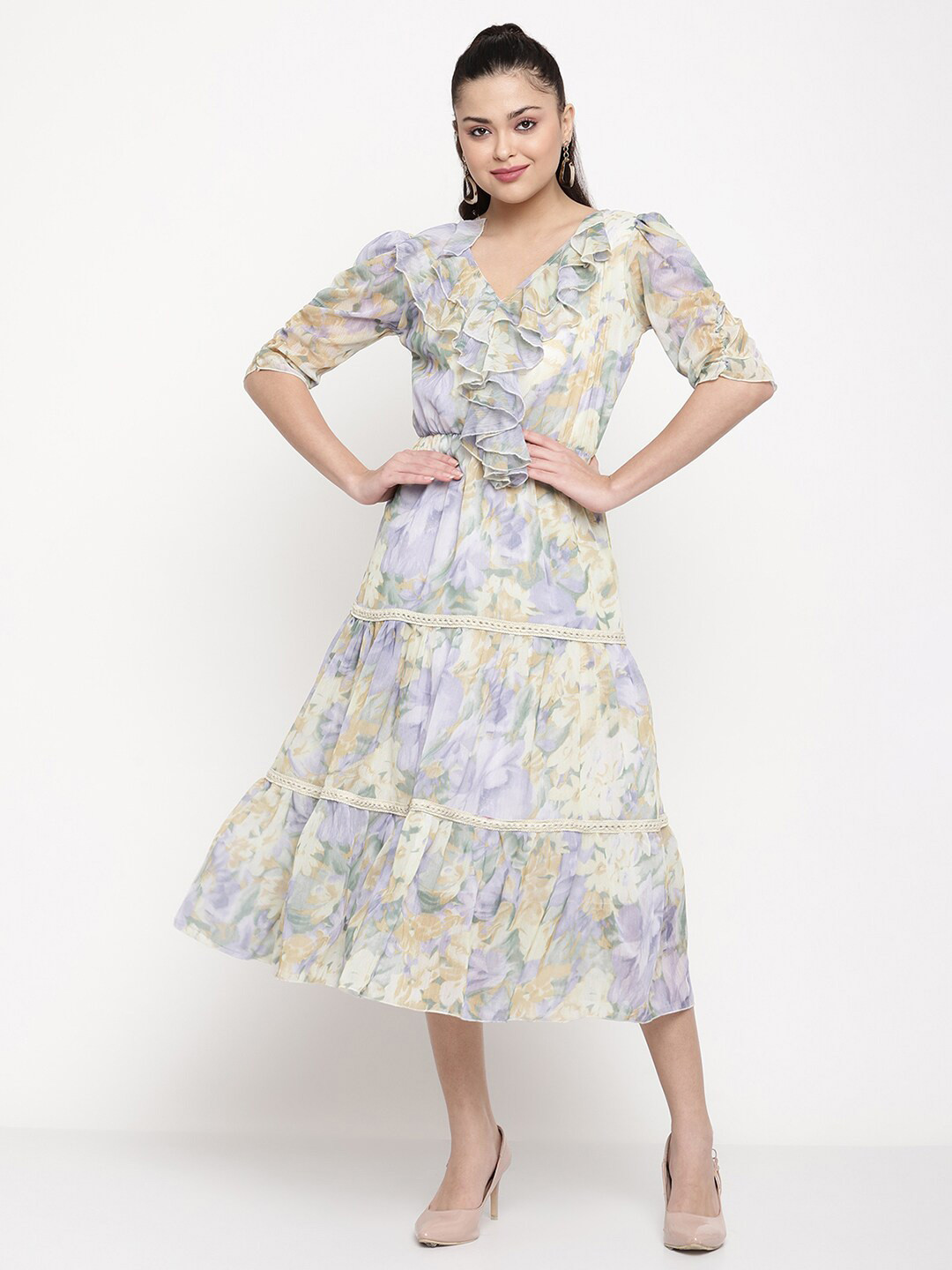 Sugathari Floral Printed Ruffled Chiffon Fit & Flare Tiered Dress