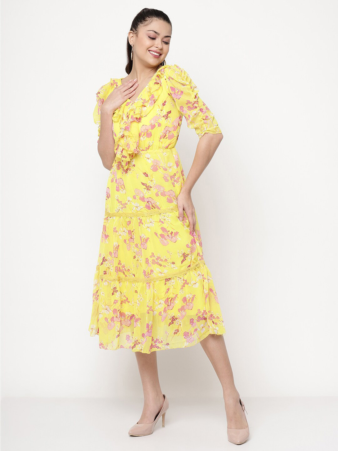 Sugathari Floral Printed Puff Ruched Sleeve & Ruffled Chiffon Fit & Flare Tiered Dress
