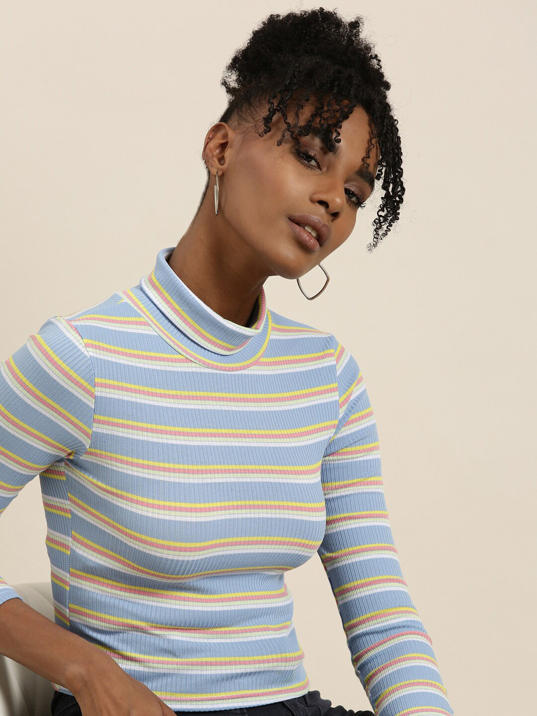 SHOWOFF Striped Turtle Neck Fitted Top