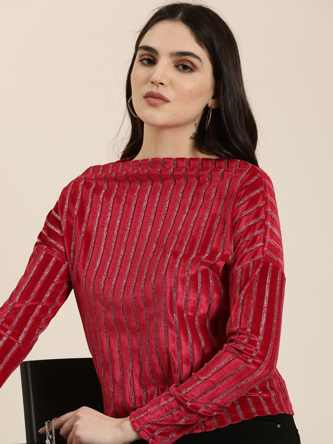 SHOWOFF Boat Neck Striped Extended Sleeves Embellished Velvet Top