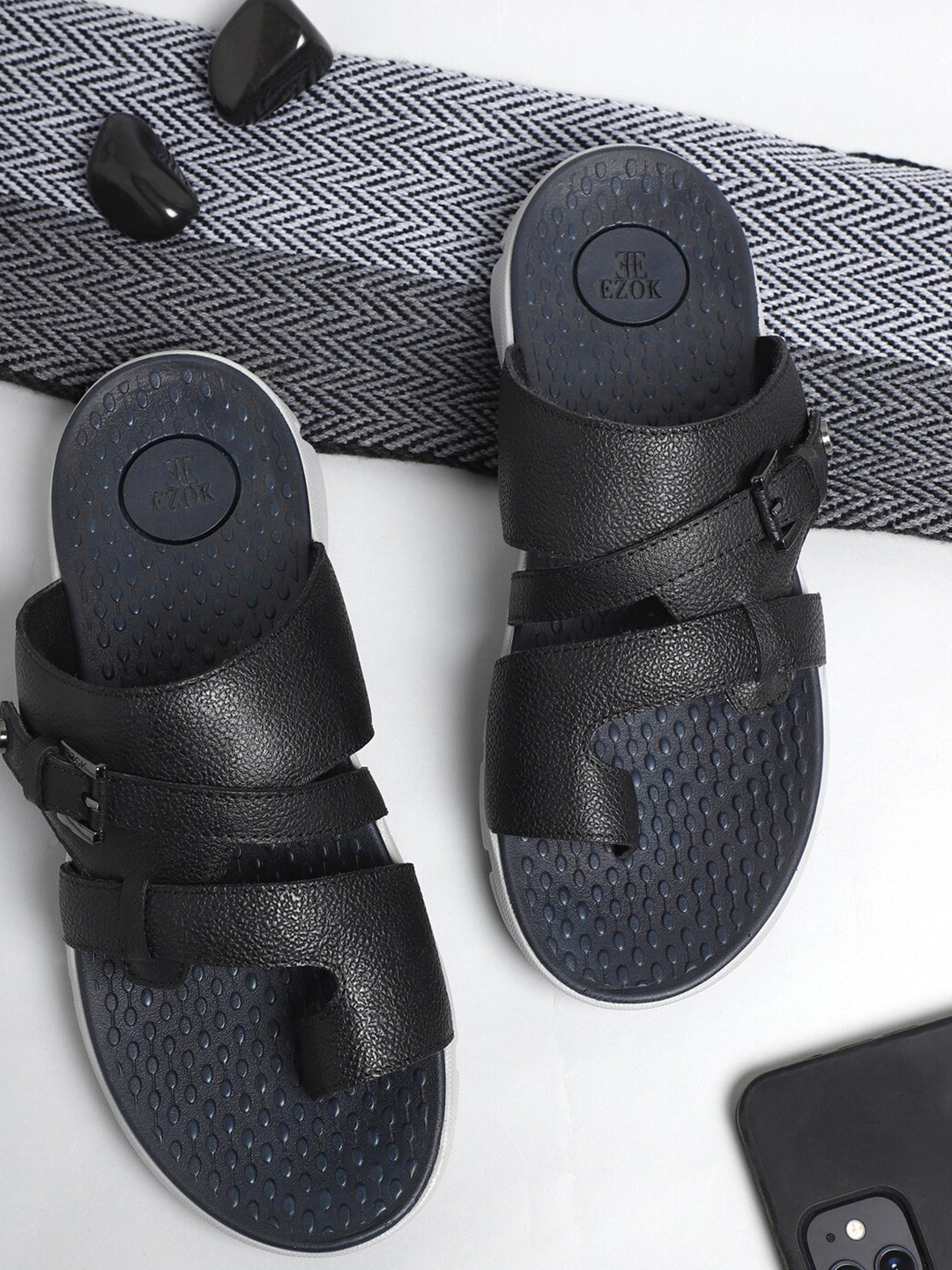 EZOK Men Textured Leather Comfort Sandals