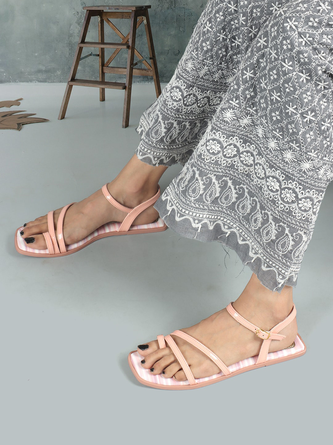 ELLE Striped Strappy One Toe Flats