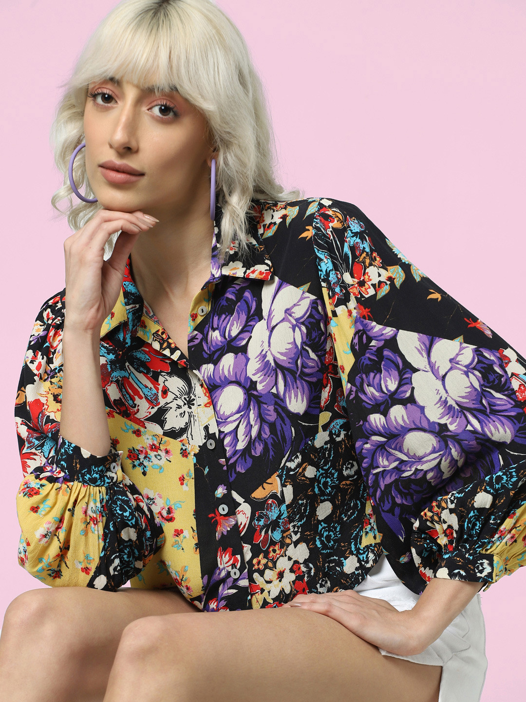 ONLY Onlvision Ls Wvn Floral Printed Puff Sleeves Opaque Casual Shirt