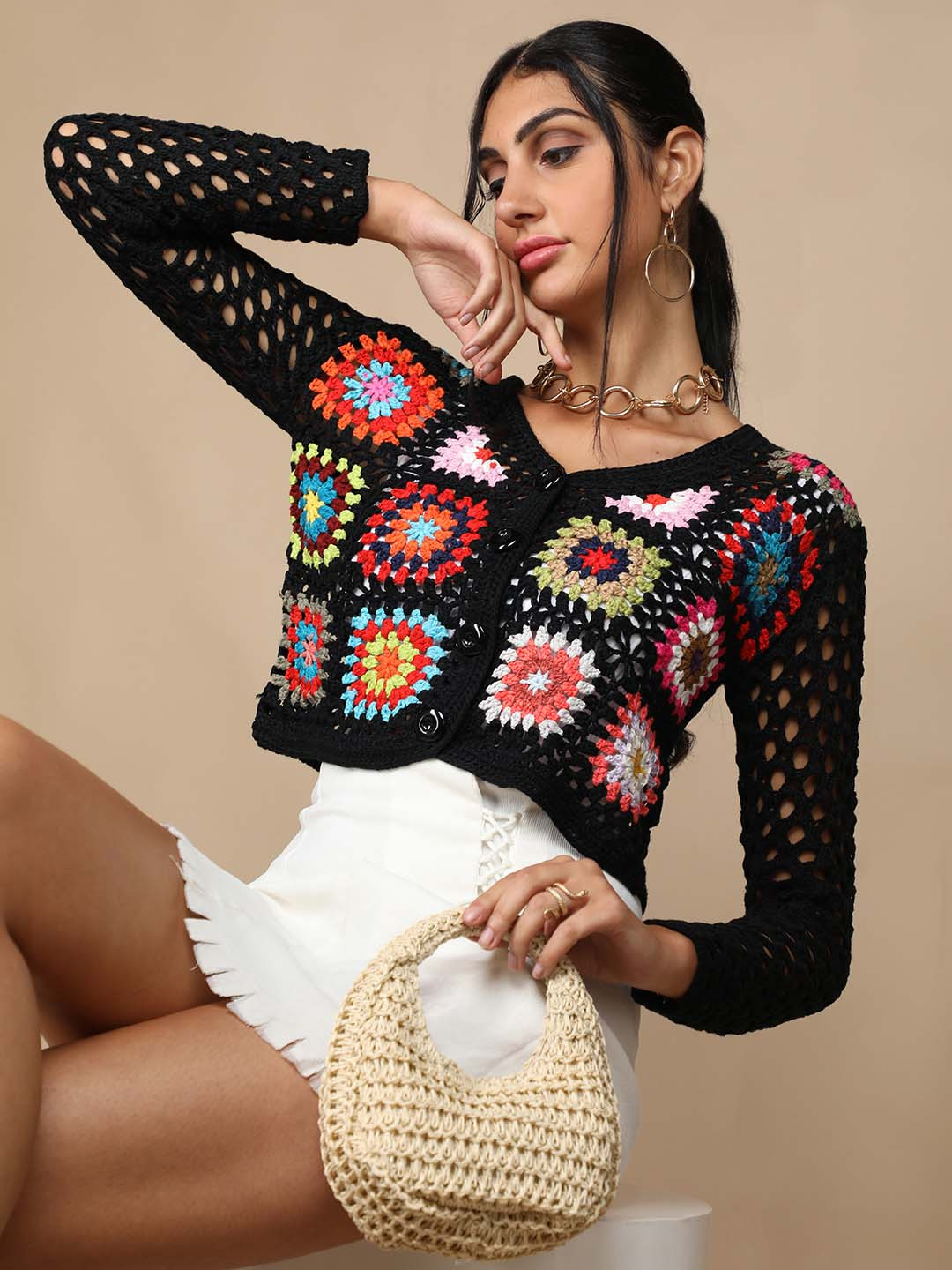 Dlanxa Black Floral Self-Design Crochet Top