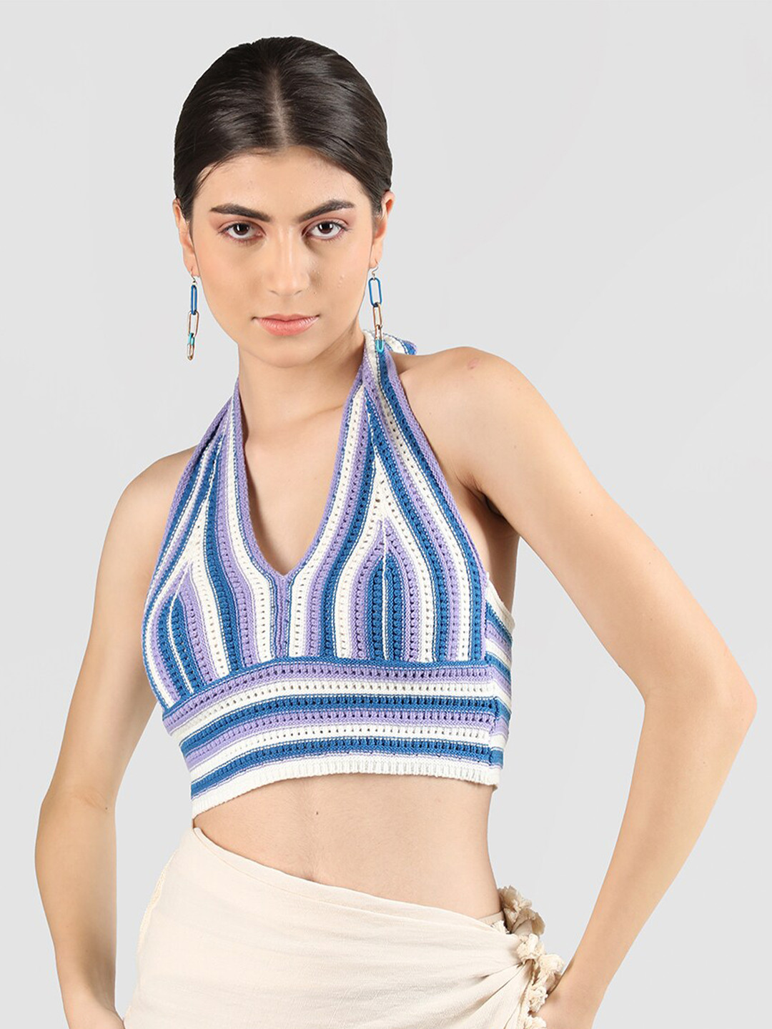 Dlanxa Striped Halter Neck Acrylic Crochet Top