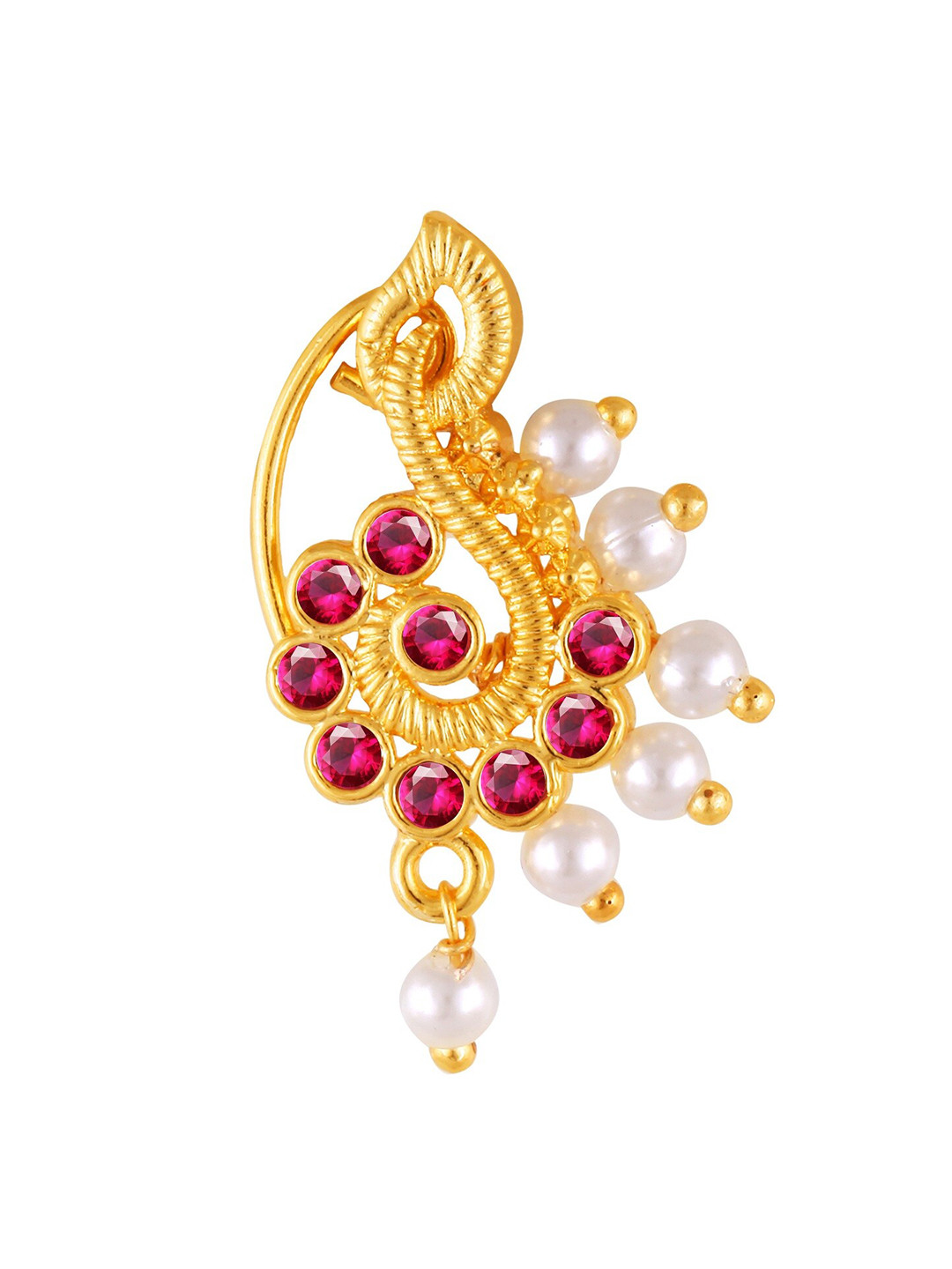 Vighnaharta Gold-Plated Stone-Studded & Beaded Non Piercing Nose Pin